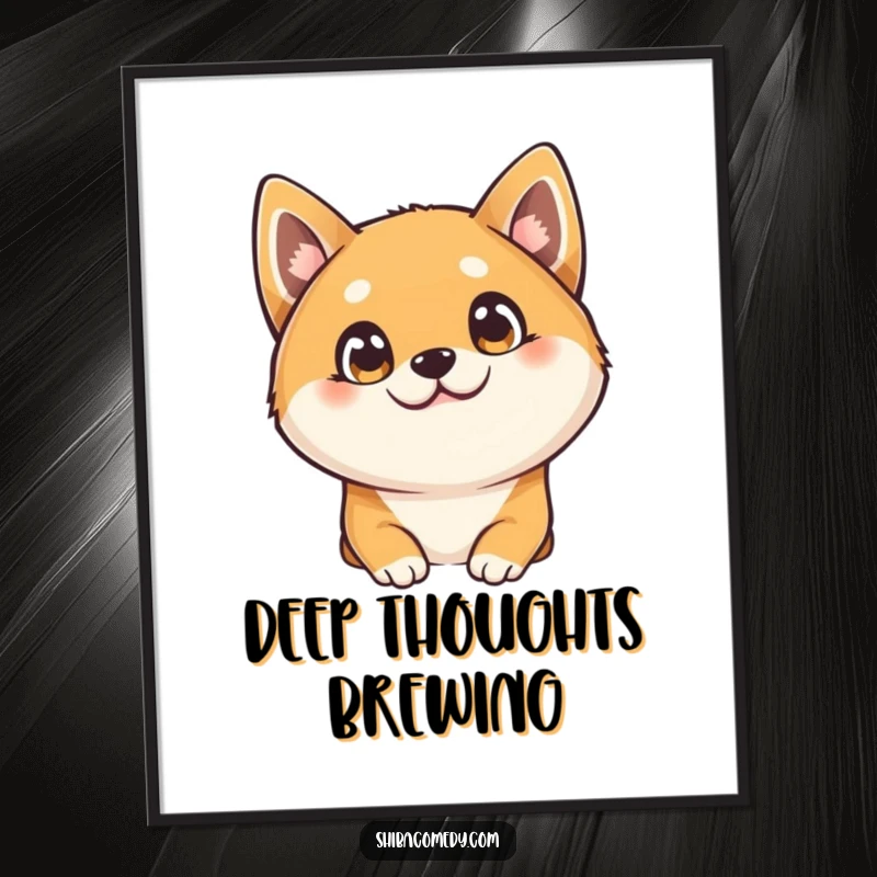 Funny Shiba Inu poster, a curious dog tilts its head, showcasing large bright eyes, decorative humorous wall art.
