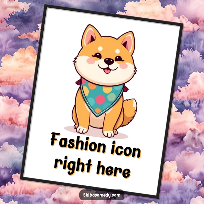 Funny Shiba Inu poster displaying a proud dog confidently wearing a colorful bandana, adding a humorous and stylish touch to wall art.