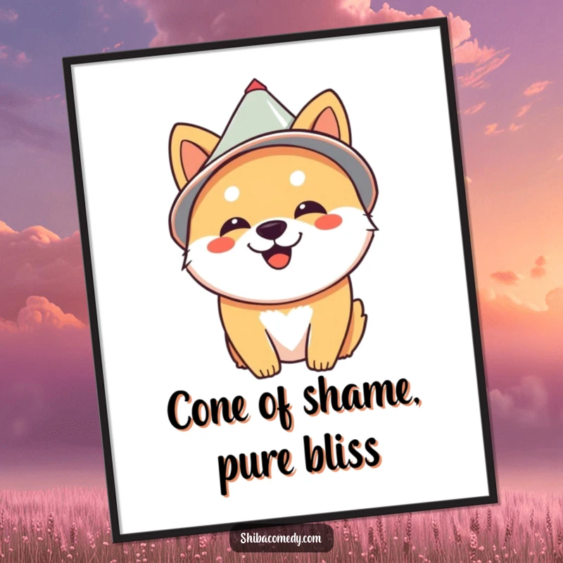 Funny Shiba Inu sporting a cone hat with evident satisfaction, a humorous poster for dog enthusiasts.
