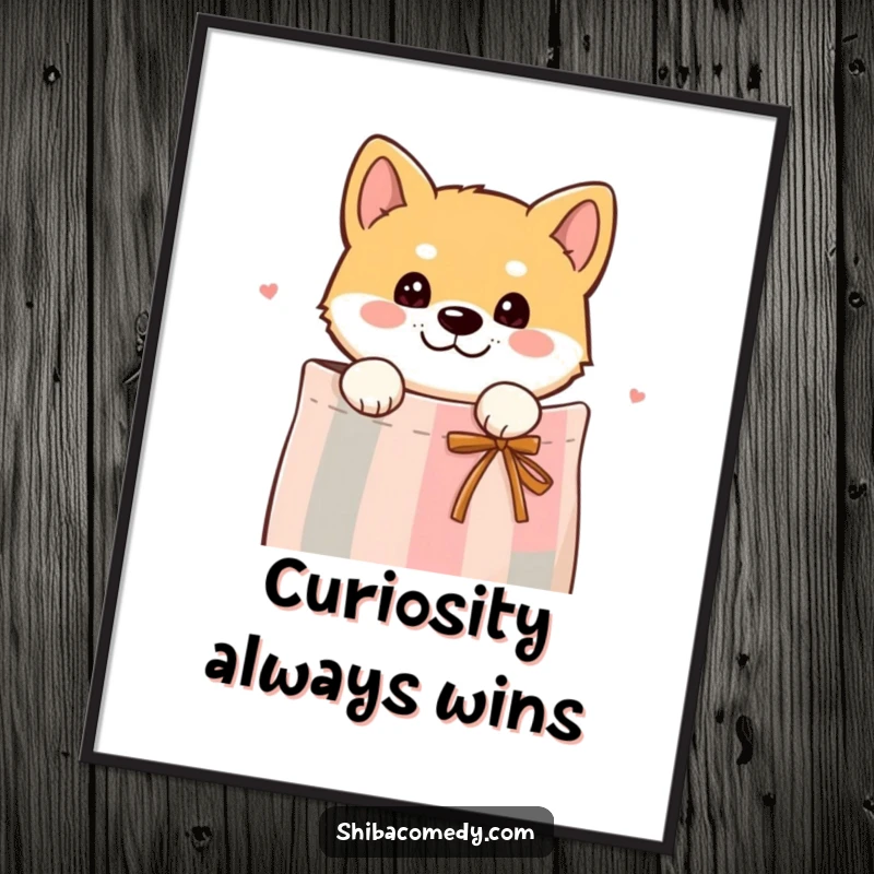Funny poster art of a curious Shiba Inu dog peeking its head out from a gift bag, creating a sense of playful anticipation.