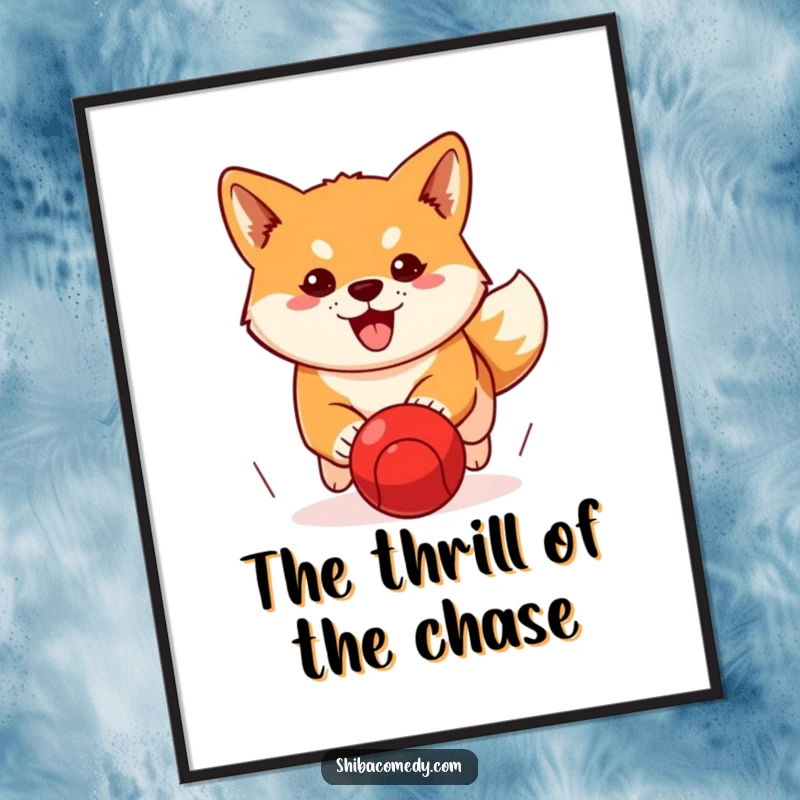 Funny Shiba Inu poster art of a determined dog intensely chasing a red ball, capturing humorous drive and focus.