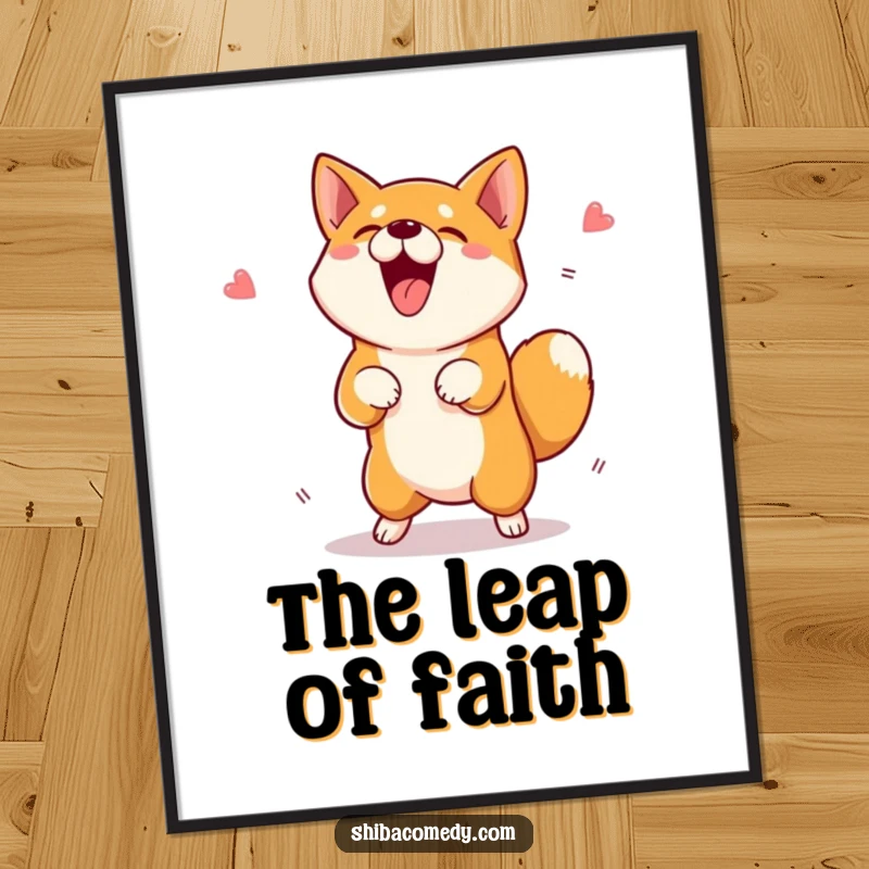 Funny Shiba Inu Poster featuring an excited dog jumping high for a treat, a dynamic and humorous art gift.