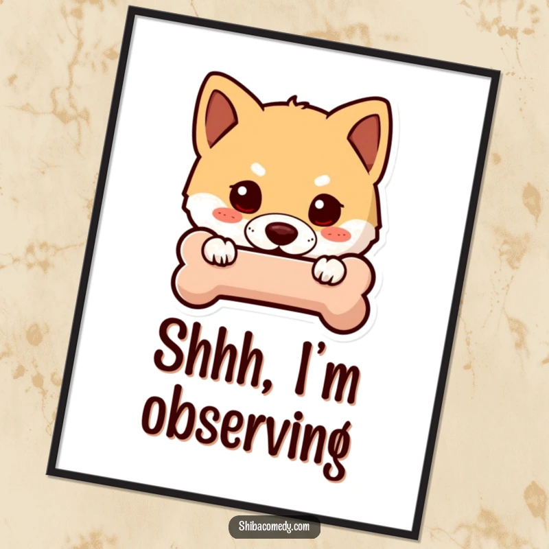 Funny Shiba Inu poster capturing a curious dog peeking from behind a stylized bone icon, perfect for humorous, playful wall décor.