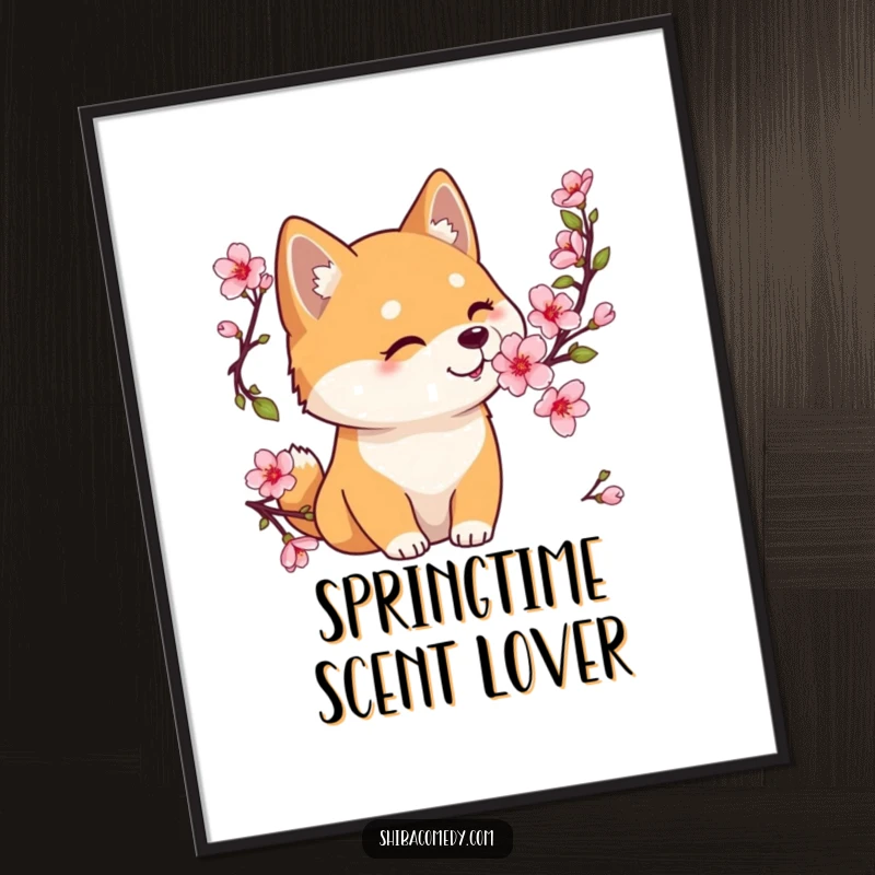 Funny Shiba Inu poster of a gentle dog sniffing a blooming cherry blossom, capturing a moment of serene beauty and curiosity.