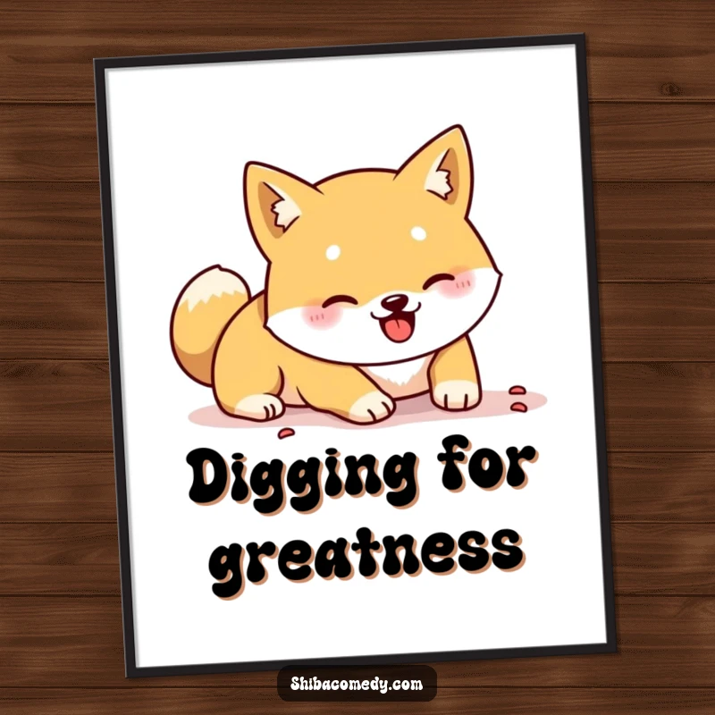 Funny Shiba Inu poster art of a dog digging energetically with its paws, perfect for humorous wall decoration.