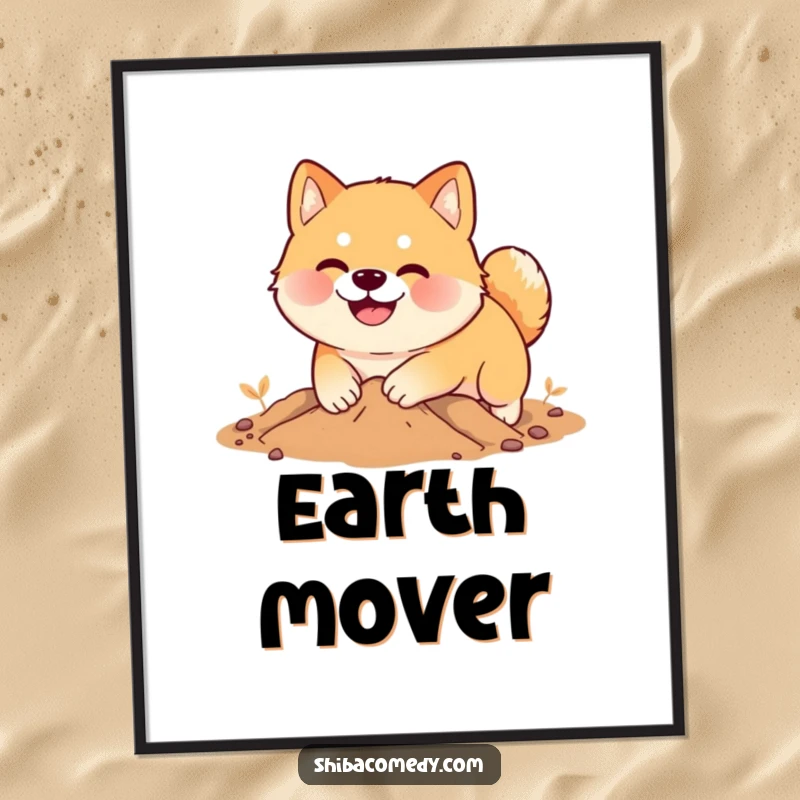 Funny Shiba Inu poster, a smiling dog digs with great enthusiasm in soft earth, decorative humorous art.