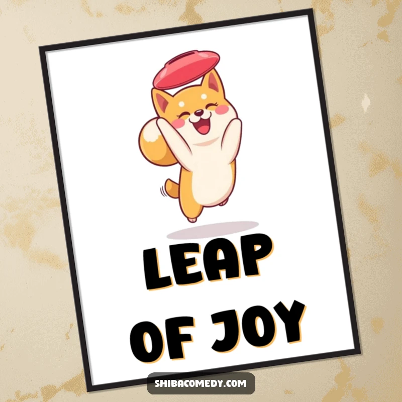 Funny Shiba Inu poster: a smiling Shiba Inu with its tail curled leaps to catch a frisbee mid-air, capturing athletic excitement.