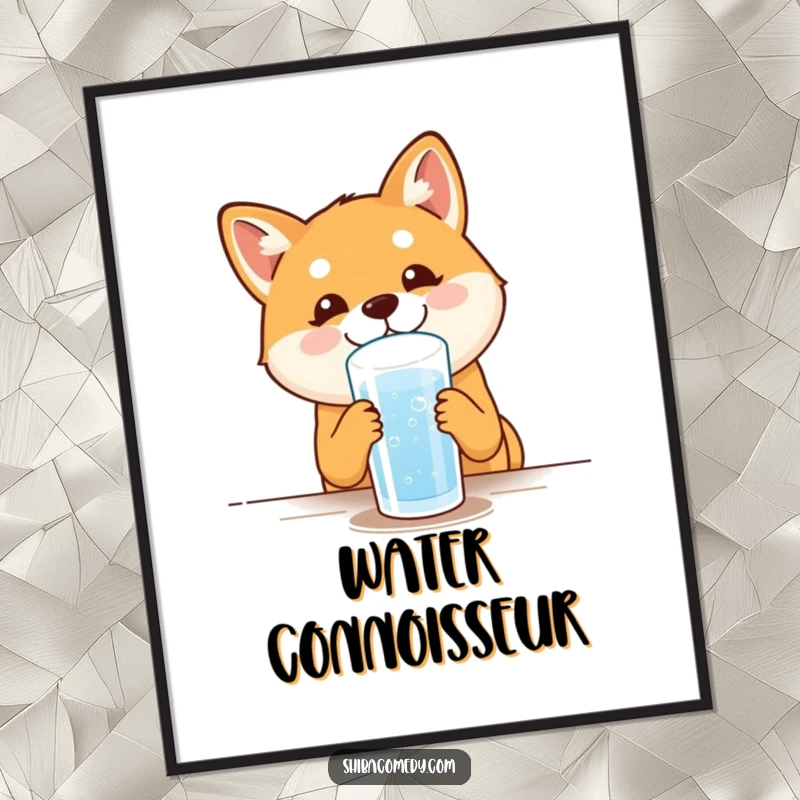 Funny Shiba Inu Poster: A delighted dog drinks water, radiating happiness, perfect for adorning walls with humor.