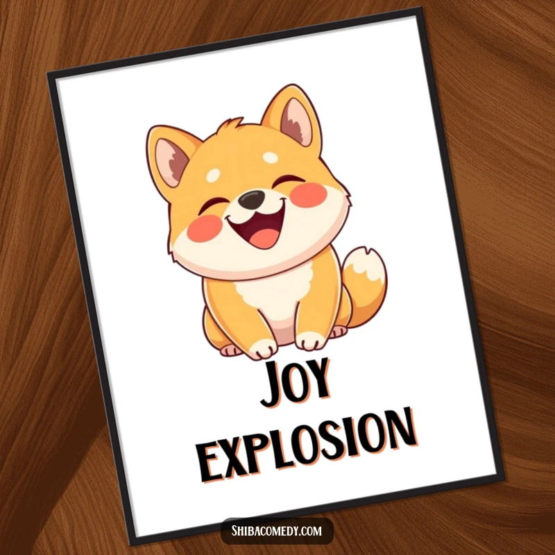 Funny Shiba Inu poster depicting a dog grinning with tail curled high, exuding hilarious, infectious joy and pure doggy happiness.
