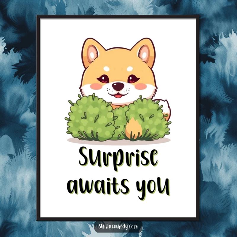 Funny Shiba Inu Poster: A mischievous Shiba Inu peeks from behind a bush with playful eyes, creating a humorous and engaging art piece.