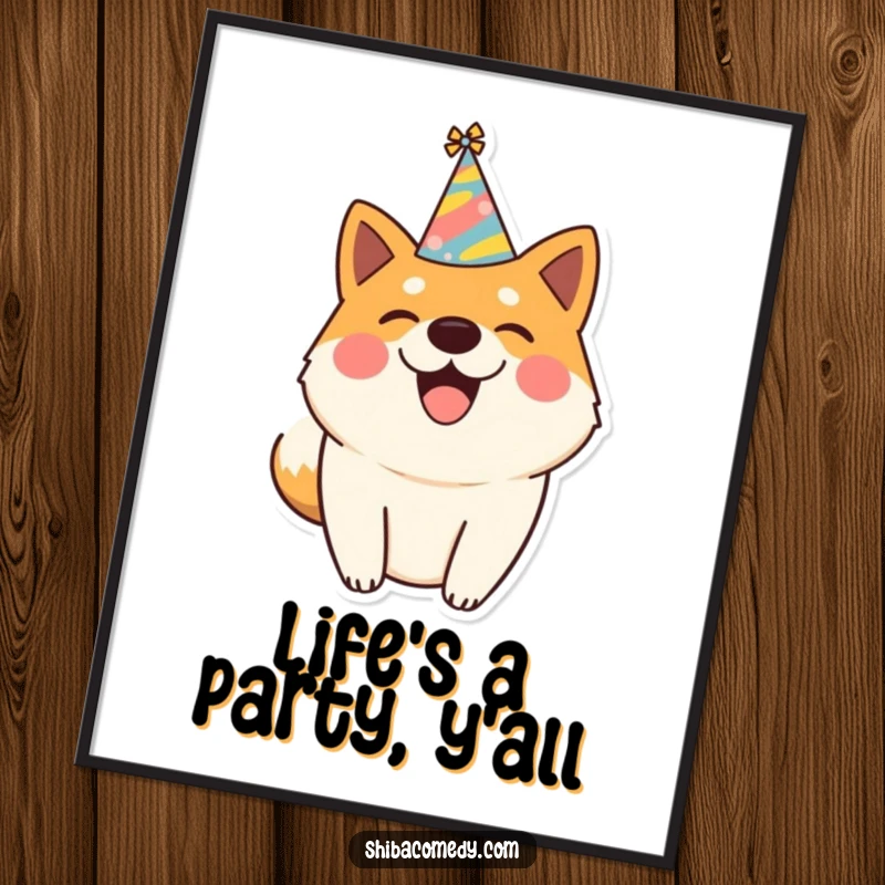 Funny poster art of a happy Shiba Inu dog wearing a party hat and wagging its tail, exuding festive cheer.