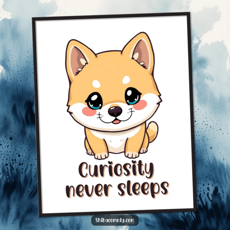 Funny Shiba Inu poster with a close-up of a dog's bright, curious eyes looking forward, conveying a sense of wonder and intelligence.