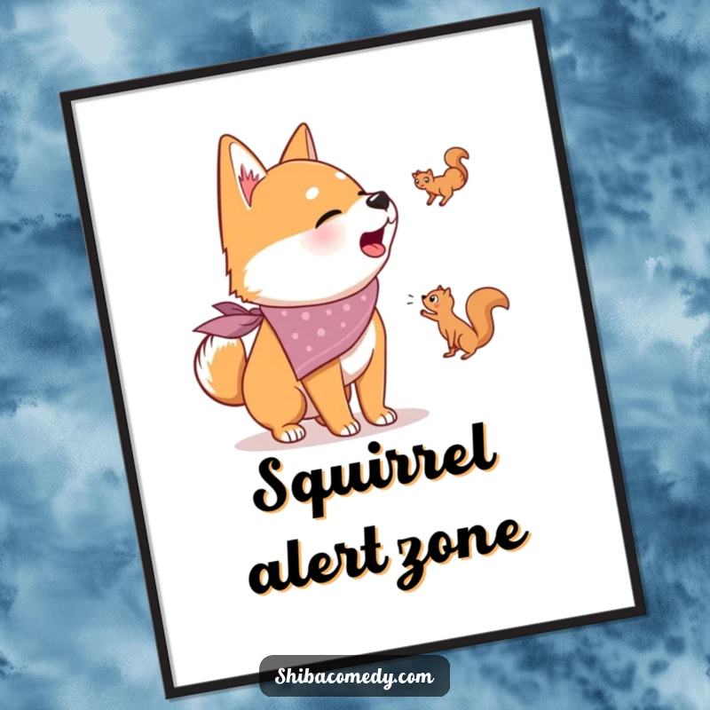 Funny poster print of a Shiba Inu dog wearing a bandana, excitedly barking at a distant squirrel, adding humor to any wall.