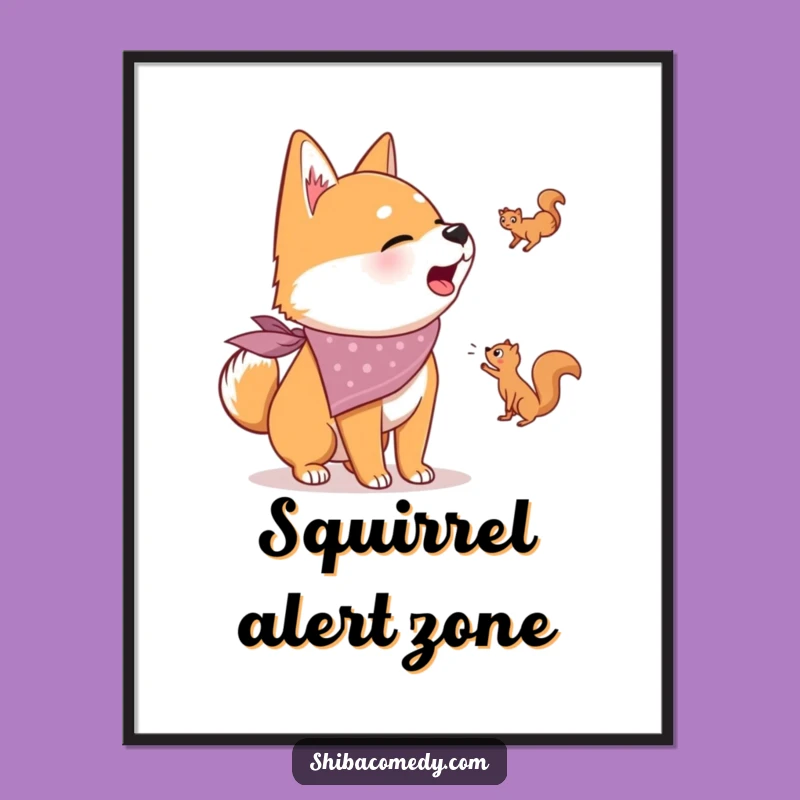 Funny Shiba Inu Poster: Excited Bandana Dog Barking at Squirrel Art Print, Gift