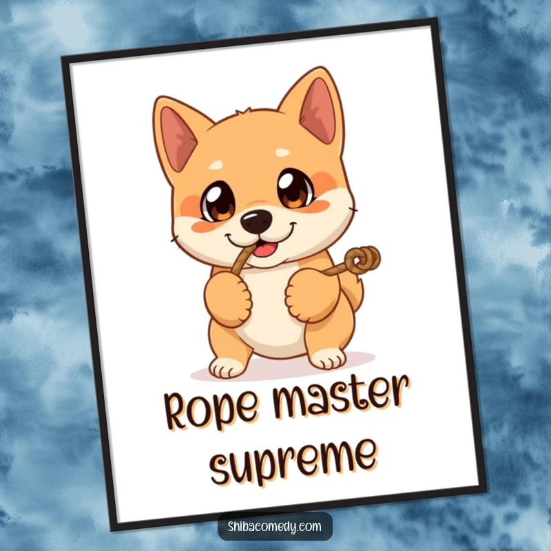 Funny poster print of a Shiba Inu dog with expressive eyes intensely playing tug-of-war with a rope, full of playful excitement.