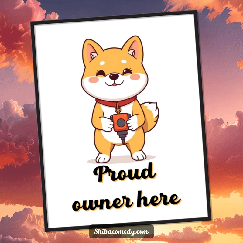 Funny Shiba Inu Poster: A proud Shiba Inu stands tall with a toy, exuding confidence and playful accomplishment in this humorous art.