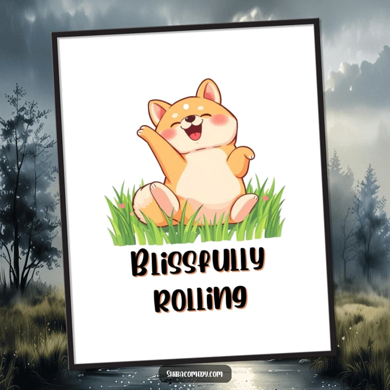Funny Shiba Inu poster, a delighted dog rolls on its back in a vibrant grassy field, decorative humorous art.