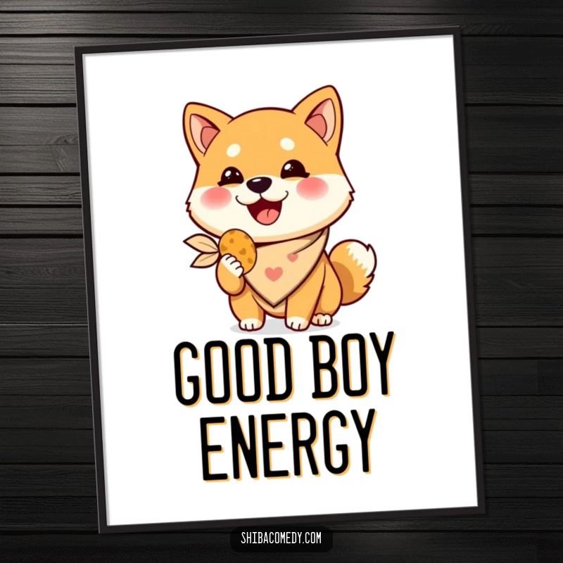 Funny Shiba Inu poster, a happy dog wearing a stylish bandana holds a treat, decorative humorous wall art.