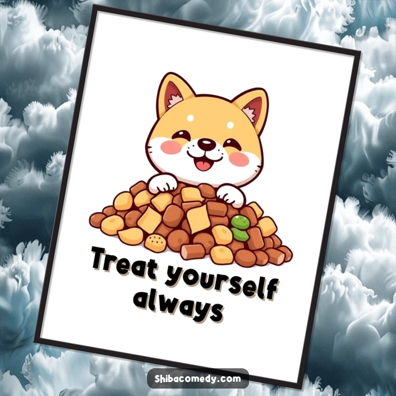 Funny Shiba Inu poster art of a smiling dog peeking from behind a pile of treats, radiating pure, humorous delight.