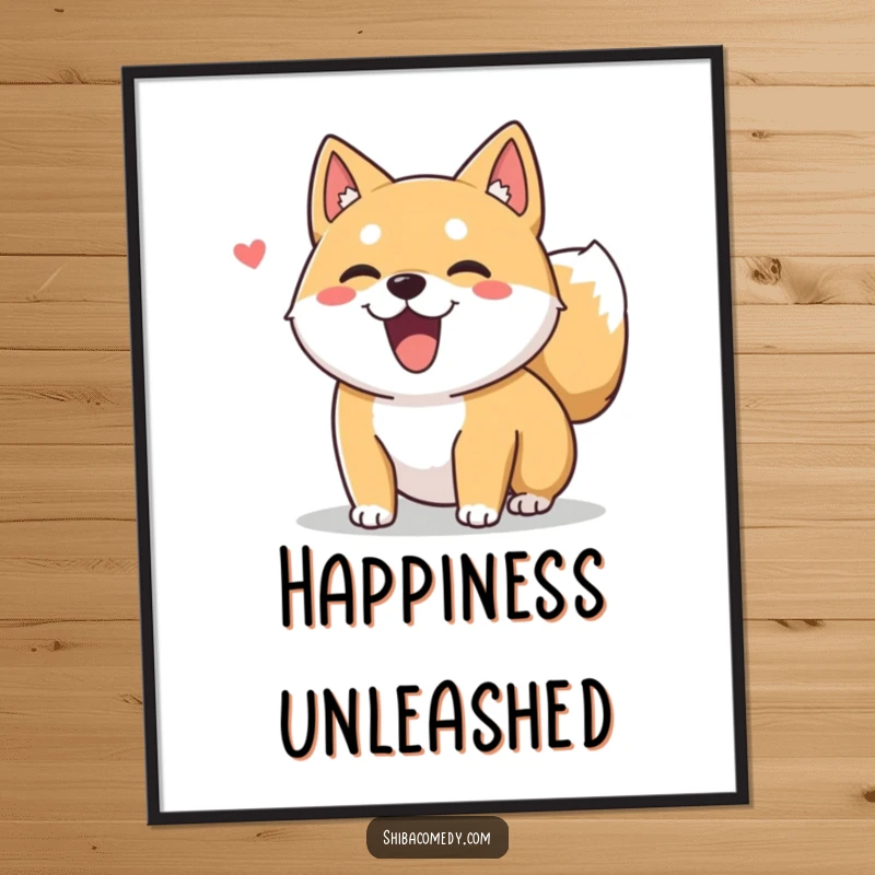 Funny Shiba Inu dog character with its fluffy tail wagging joyfully, depicted on a poster for delightful wall decor.
