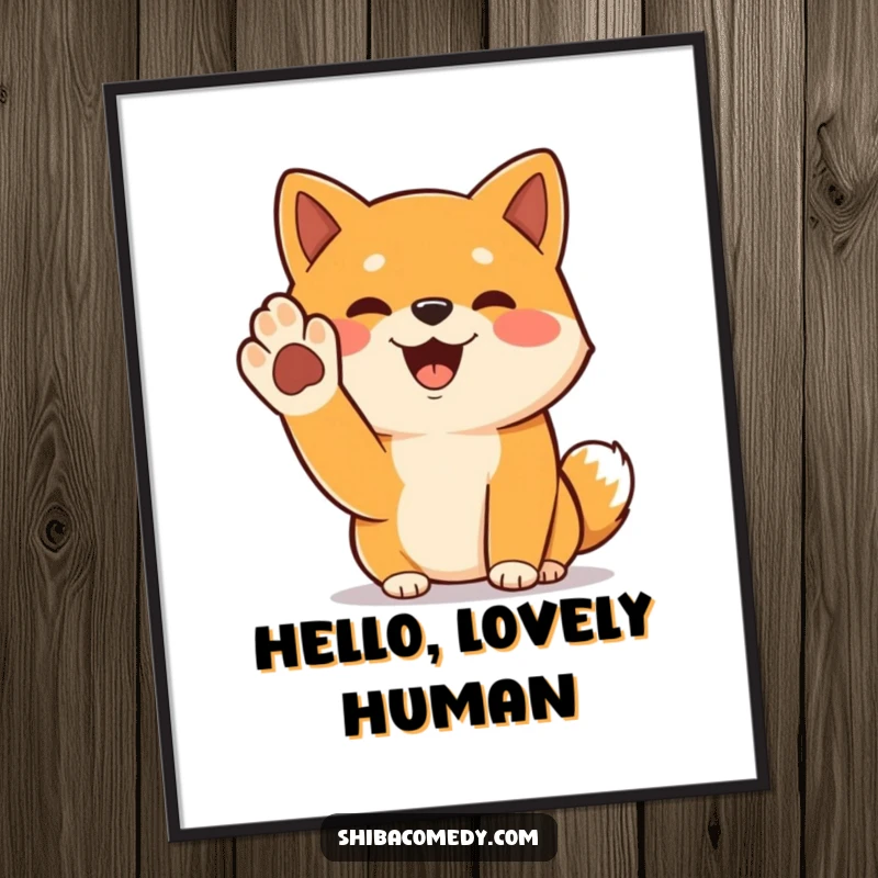 Funny Shiba Inu poster print of a cheerful dog raising its paw in a greeting, full of friendly energy.
