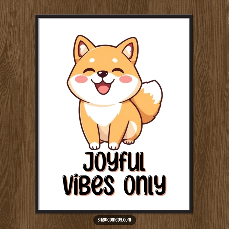 Funny happy Shiba Inu dog with a wide smile and wagging tail, beautifully printed on a poster to bring cheerful doggy vibes anywhere.