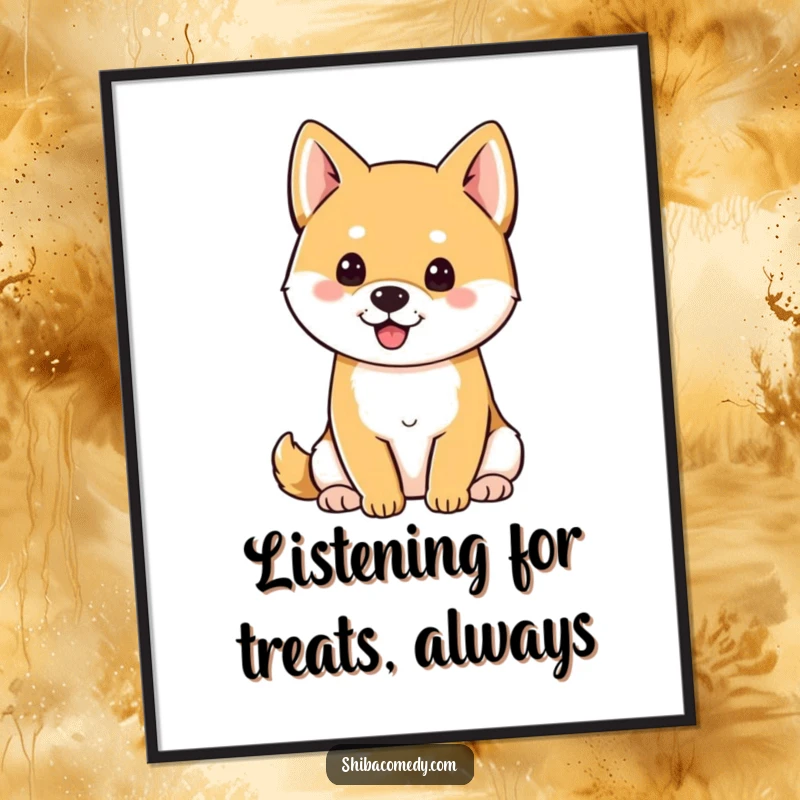 Funny Shiba Inu with perky ears sitting attentively, a humorous poster for wall decor.