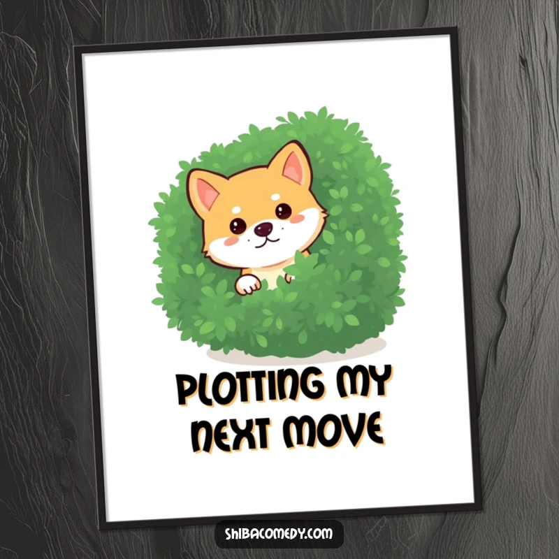 Funny Shiba Inu Poster featuring a curious dog peeking from behind a bush, a mysterious and humorous art gift.