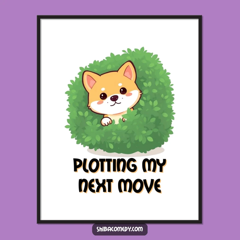 Funny Curious Shiba Inu Bush Poster: Peeking Dog Art Print Gift