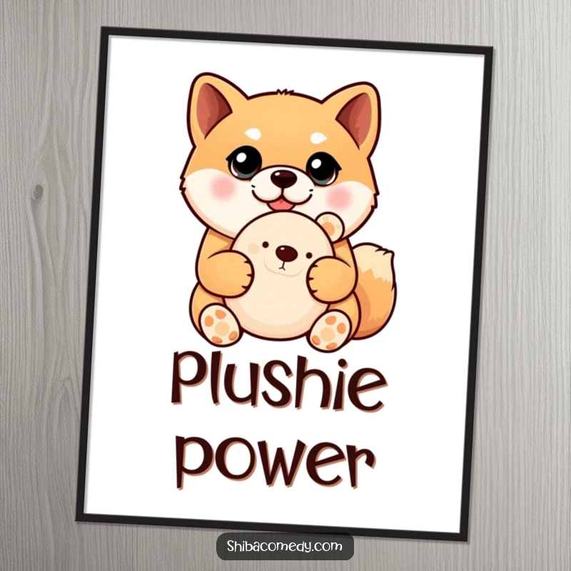 Funny Shiba Inu poster featuring a dog with captivatingly large eyes tenderly holding a plush toy, adding charm to any wall.