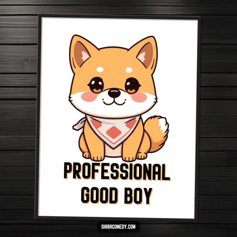 Funny Poster of an alert Shiba Inu wearing a bandana, high-quality wall art for dog lovers, excellent funny gift.