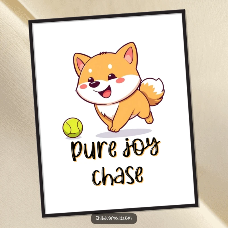 Funny Shiba Inu poster art of a happy dog with an excited wagging tail, mid-chase after a tennis ball, full of energy.
