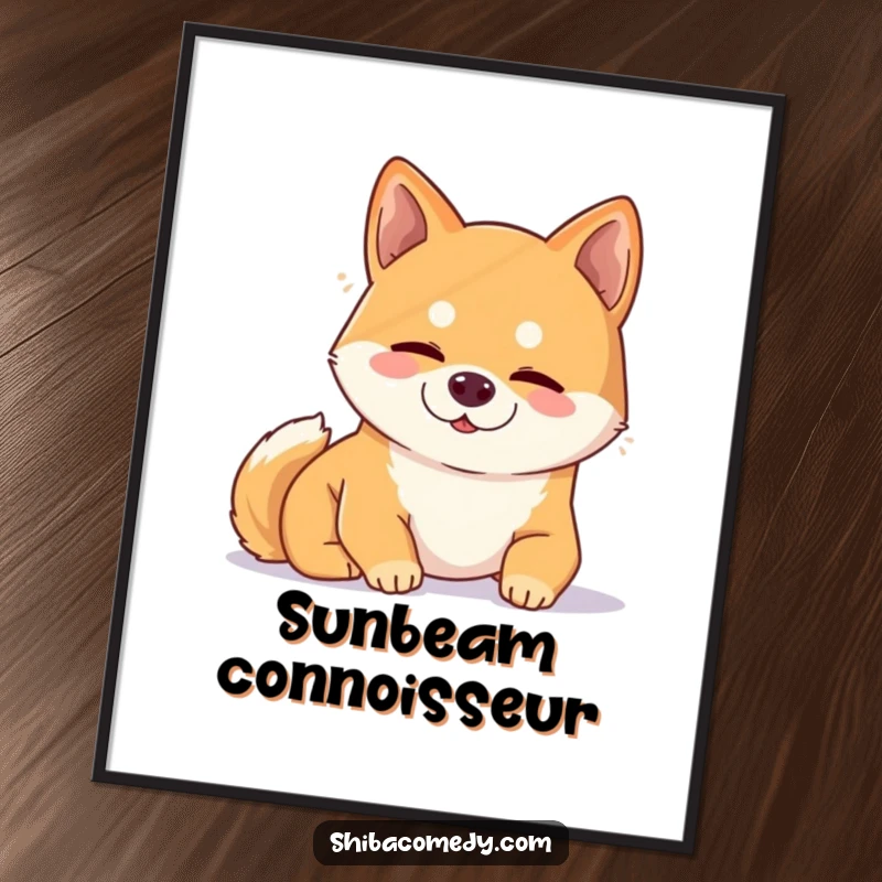 Funny Shiba Inu poster capturing a content dog peacefully snoozing in a warm, inviting sunbeam.