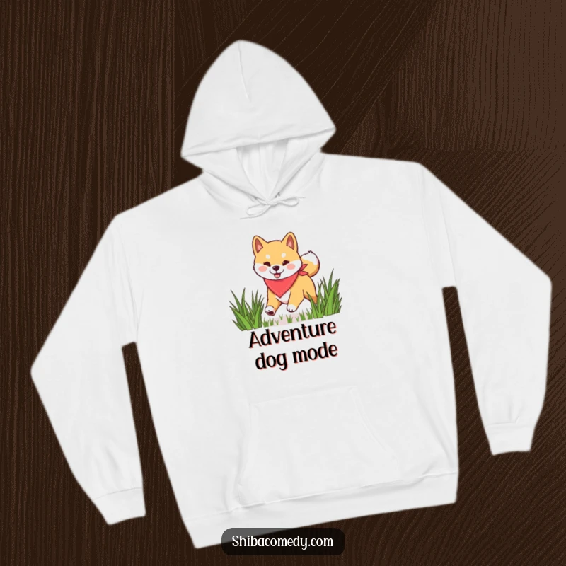 Funny Shiba Inu hoodie featuring a happy dog with a bandana energetically bounding through grass, offering comfort and playful vibes.