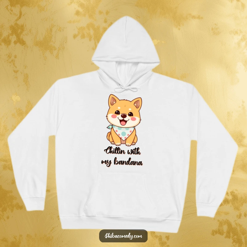 Funny Shiba Inu Hoodie depicting a joyful dog wearing a small bandana, ideal funny gift for cozy comfort seekers.