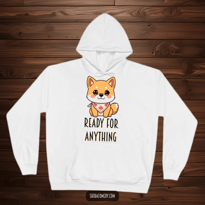 Funny Hoodie showcasing an alert Shiba Inu with a bandana, designed for warmth and humor, a great gift.