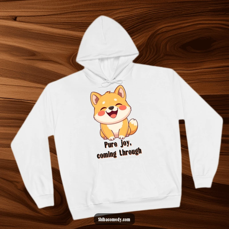 Funny Shiba Inu hoodie featuring a dog with a huge grin and tail curled high, radiating pure, hilarious, and infectious doggy joy.