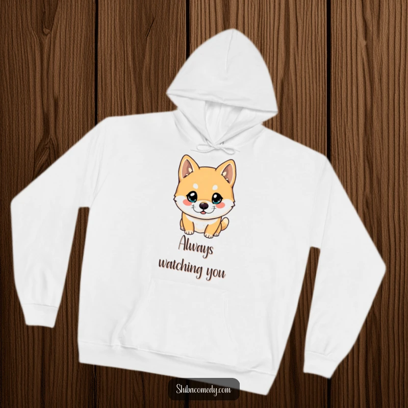 Funny Shiba Inu hoodie showcasing a dog with large, bright, inquisitive eyes gazing forward, exuding charm and attentiveness.