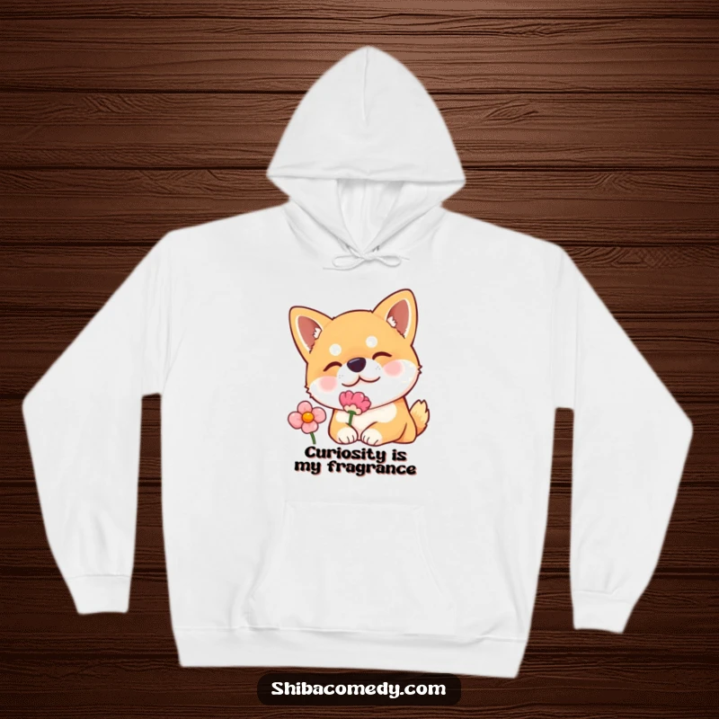 Funny and cozy hoodie featuring a Shiba Inu dog curiously sniffing a flower, embodying warmth and playful charm.