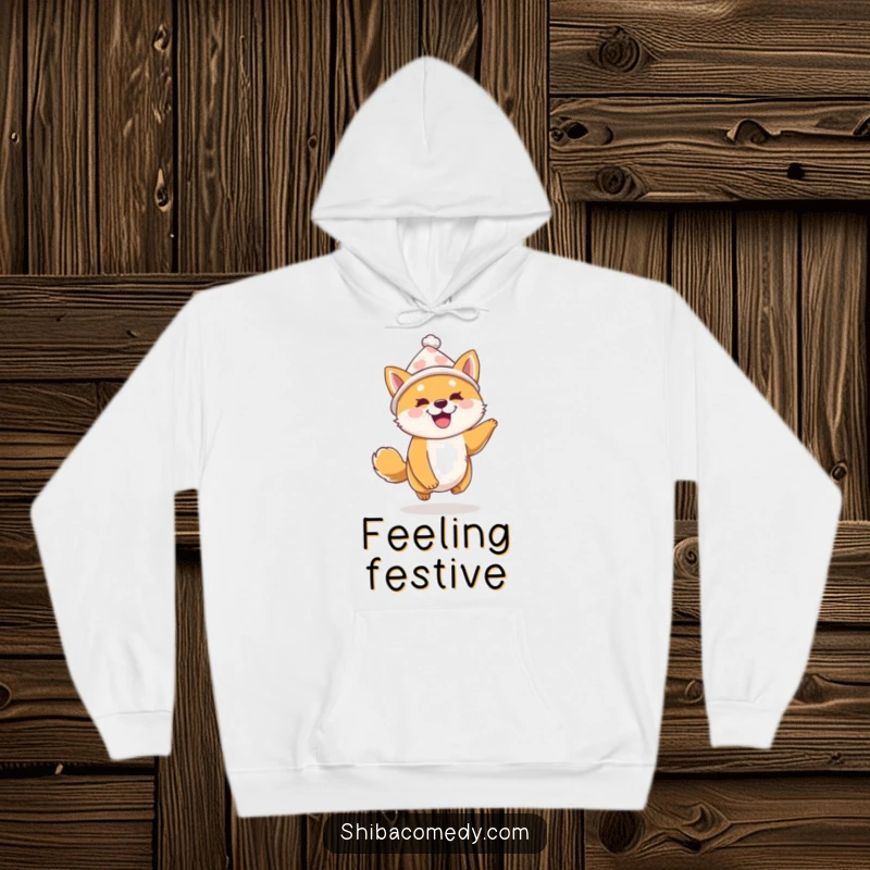 Funny Shiba Inu Hoodie: A Shiba Inu in a small hat bounces excitedly, offering a cozy and humorous vibe for the wearer.