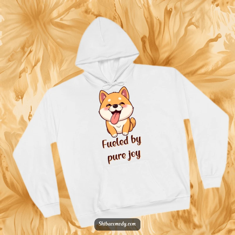 Funny Shiba Inu hoodie depicting a bouncy dog with its tongue out, conveying immense happiness and playfulness.