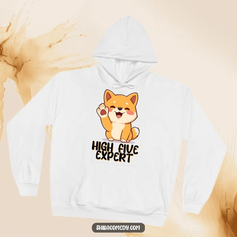 Funny Shiba Inu hoodie depicting a cheerful dog raising its paw in a welcoming gesture, soft and cozy.