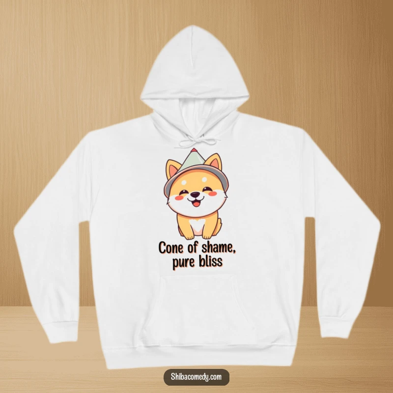 Funny Shiba Inu in a cone hat, looking pleased and cozy, perfect for a humorous hoodie gift.