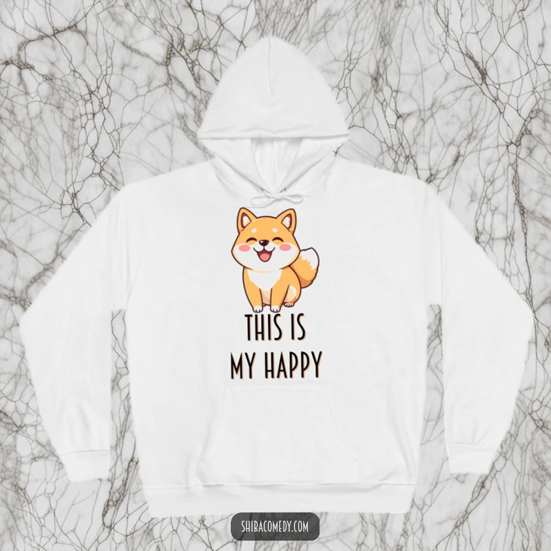 Funny happy Shiba Inu dog with a joyful smile and wagging tail, printed on a comfortable hoodie for maximum coziness and cheer.