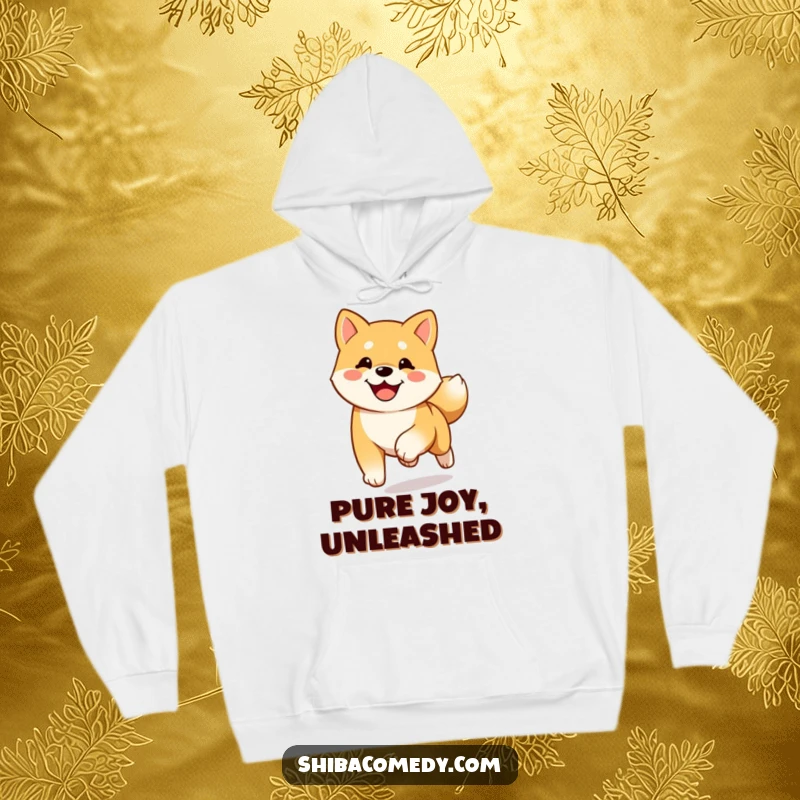 Funny happy Shiba Inu hoodie with a dog running towards the viewer, tail wagging, symbolizing pure joy.