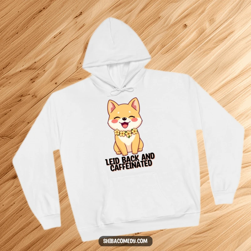 Funny Shiba Inu hoodie depicting a happy dog wearing a festive flower lei, ideal for staying warm and cheerful.