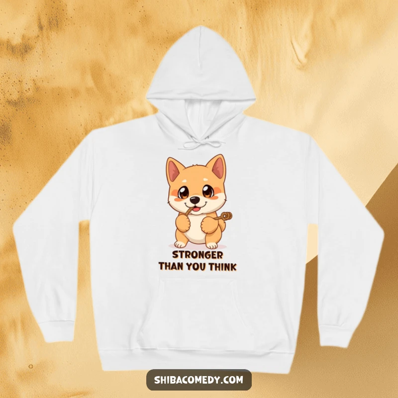 Funny and cozy hoodie featuring a Shiba Inu dog with expressive eyes playing tug-of-war, embodying playful determination.