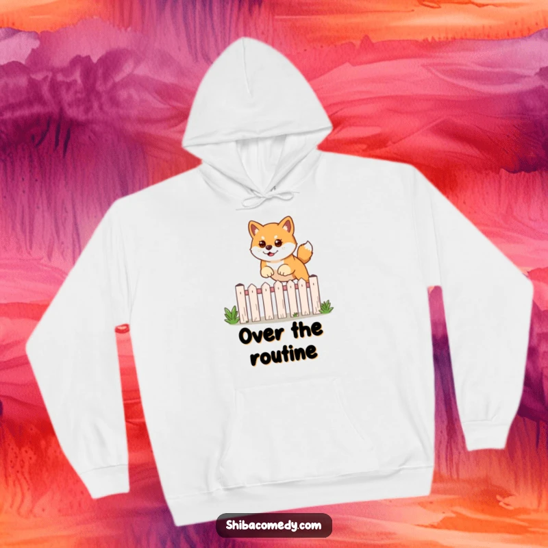 Funny hoodie featuring a Shiba Inu with a fixed, determined gaze, leaping over a garden fence.