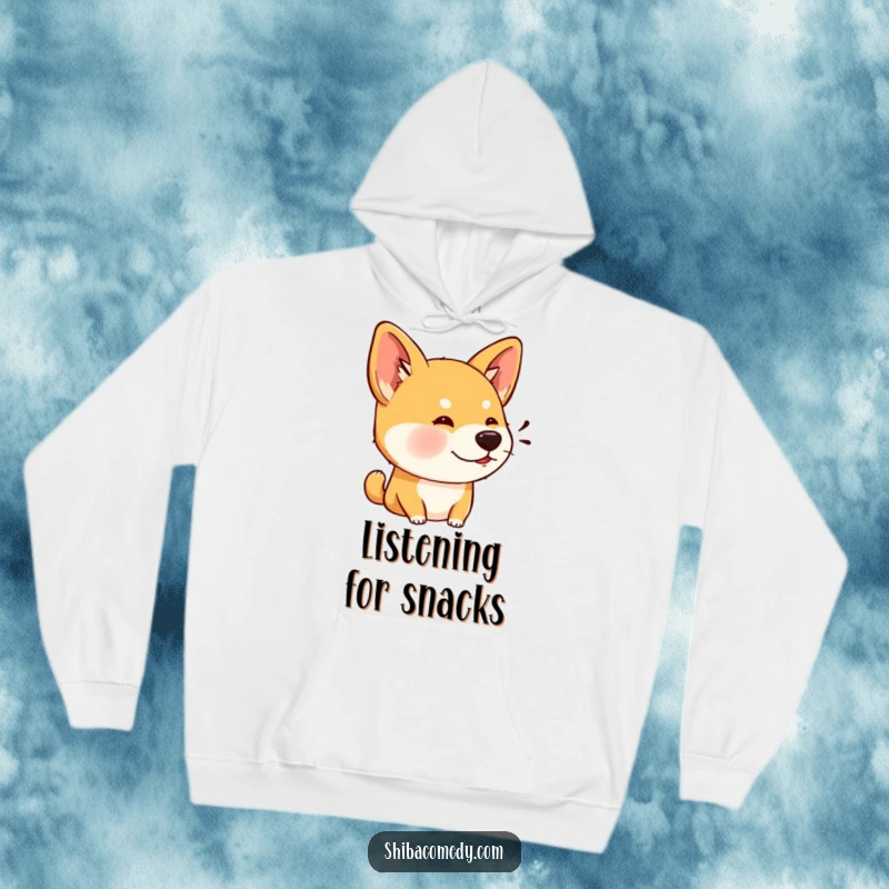 Funny hoodie featuring a Shiba Inu with large, perked ears, intently listening, embodying quiet observation.