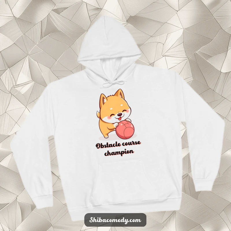 Funny Shiba Inu in the act of playfully nudging a rolling ball, ideal for a humorous hoodie.